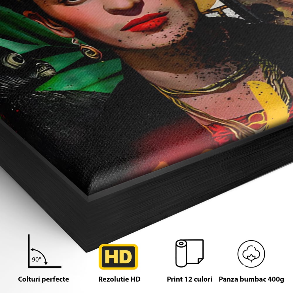 Detaliu al suprafetei: tablou canvas portret frida kahlo, in rama de aluminiu negru